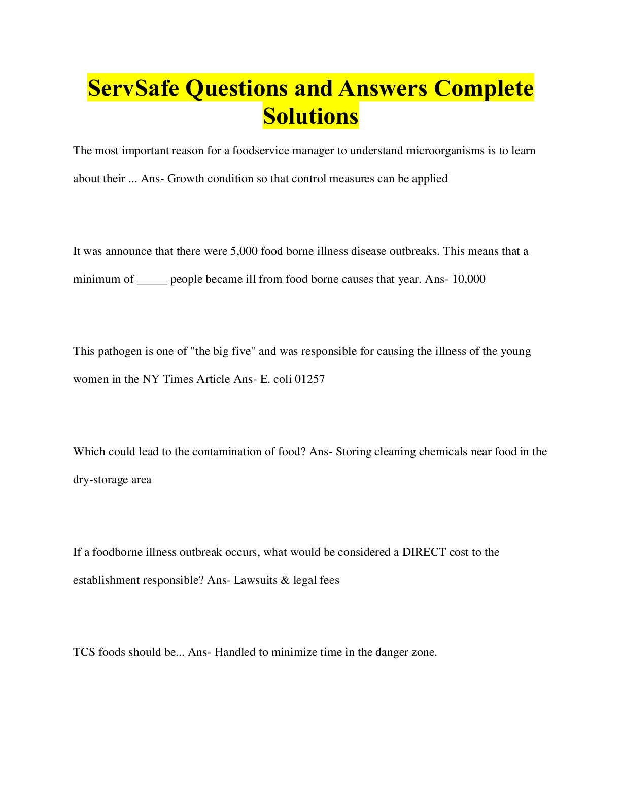 Preview image for ServSafe Questions and Answers Complete  Solutions